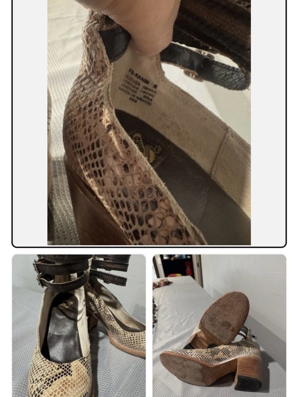 Snake-Print Ankle Strap Block Heels in Beige